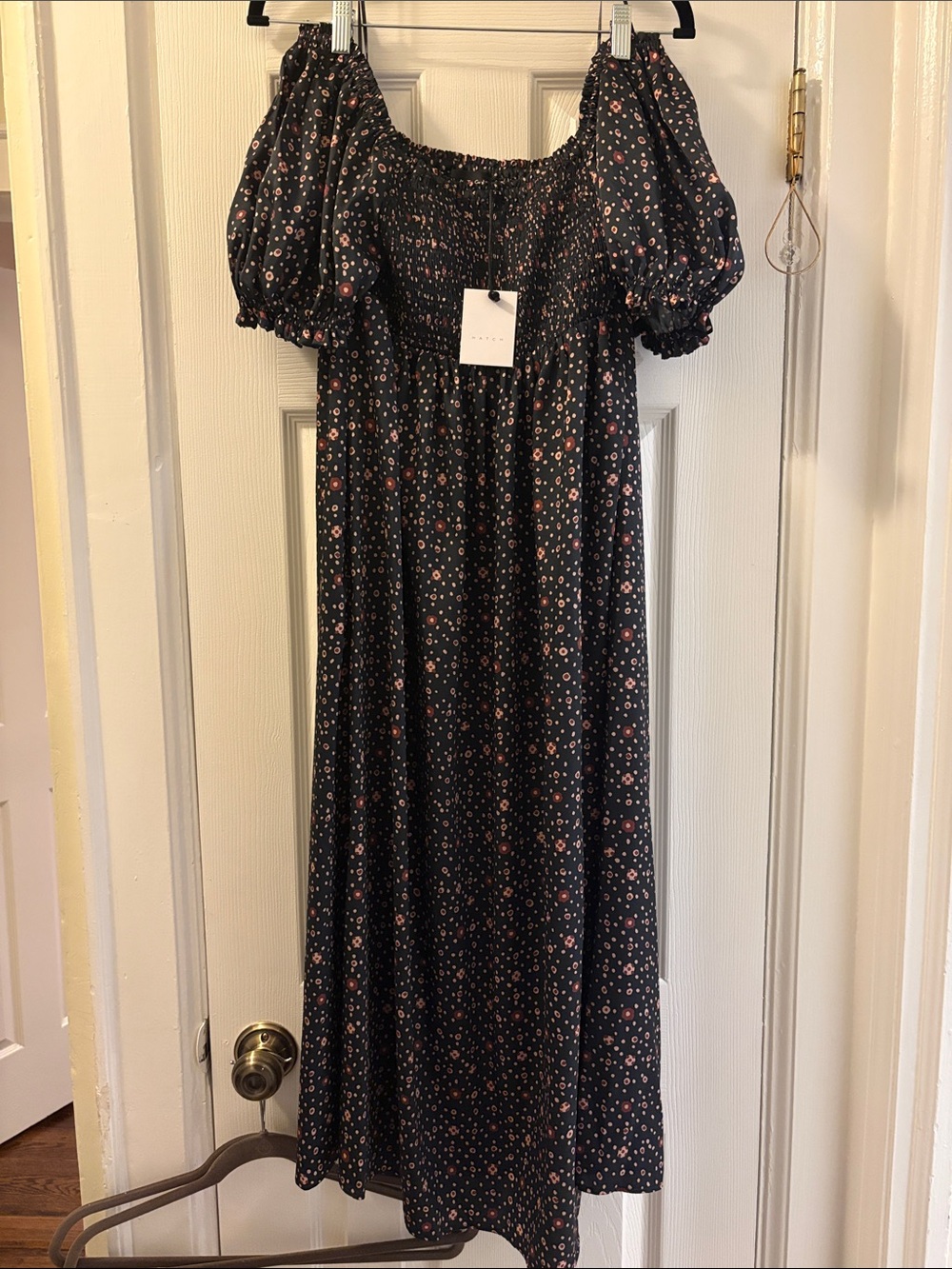 Hatch Black Floral Smocked Puff-Sleeve Off the Shoulder Dress